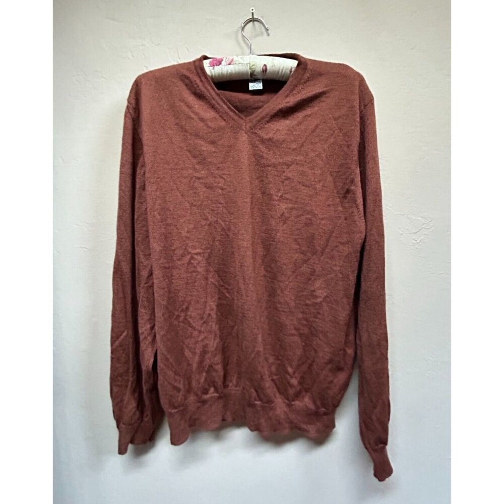 Alfani Sweater Men's Large Pure New Wool V-Neck Pullover Long Sleeve Brown Italy